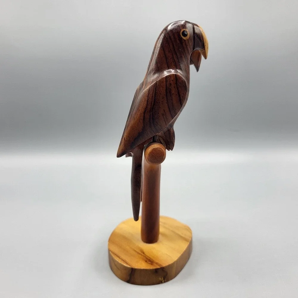 Hand Carved Wood Parrot Sculpture Figurine Pair on Branch Shelf Decor 6.25